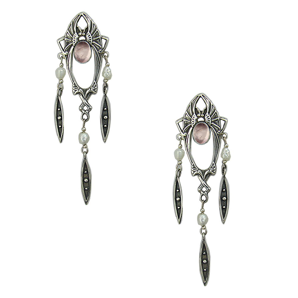 Sterling Silver Art Deco Drop Dangle Post Stud Earrings With Rose Quartz